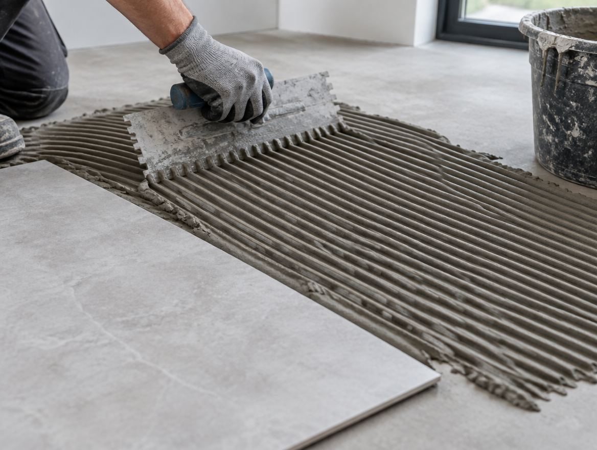 Tile adhesive combed out with a notched trowel before a large-format tile goes down